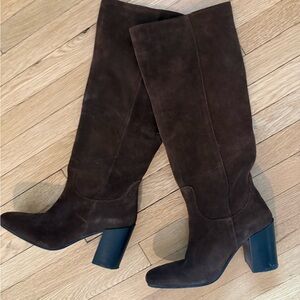 Mango Brown Suede Knee-High Block Heel Boots